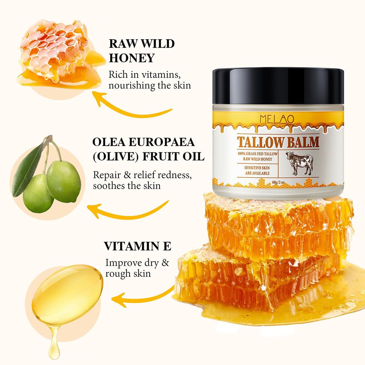 Tallow and Honey Balm for Skin Care - Grass-Fed Beef Tallow & Raw Wild Honey Blend - All Natural Moisturizing Body Oil (2 Oz)