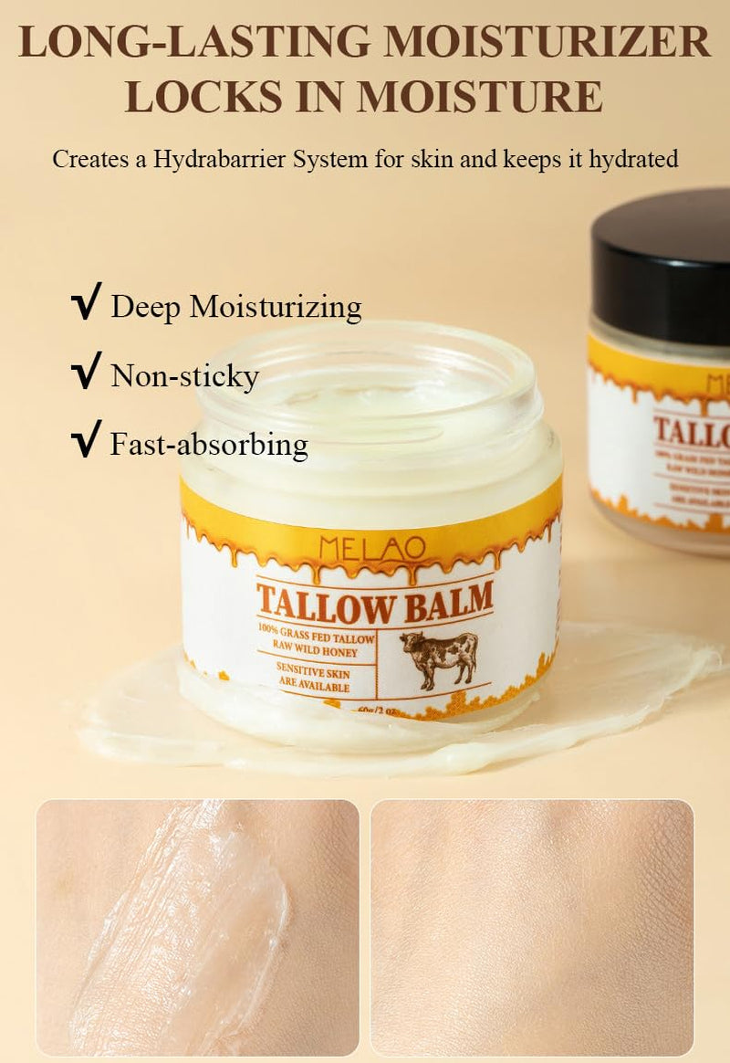 Tallow and Honey Balm for Skin Care - Grass-Fed Beef Tallow & Raw Wild Honey Blend - All Natural Moisturizing Body Oil (2 Oz)